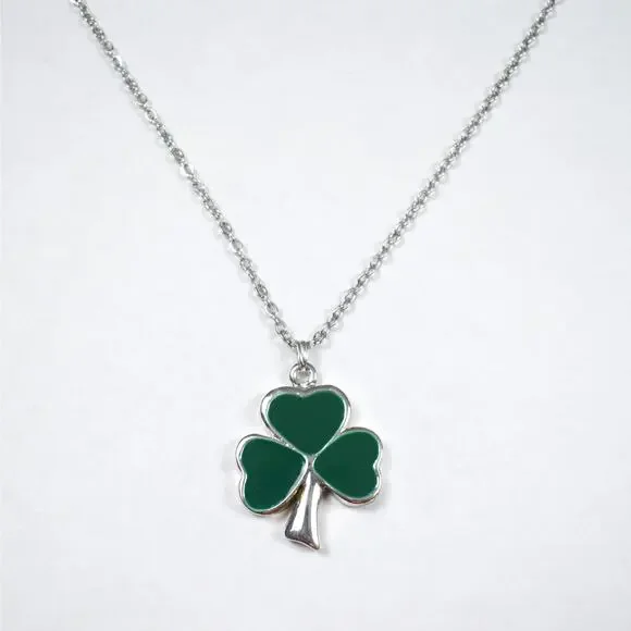 Shamrock Clover silver/green Pendant Chain Necklace St. Patrick's Day Irish 24" - Picture 2 of 3